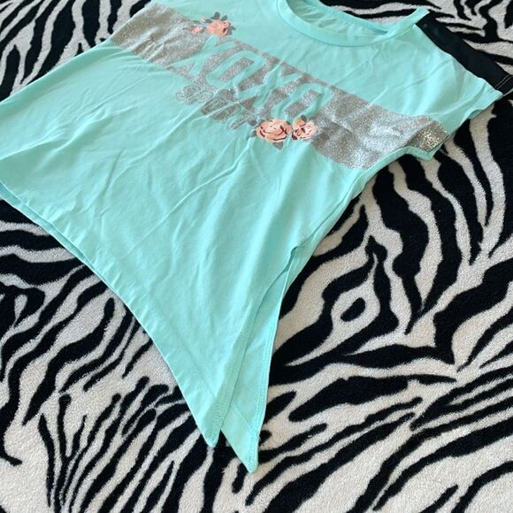 Xoxo sport little girls roses teal silver glitter mesh shoulder shirt sleeve top - Picture 5 of 11